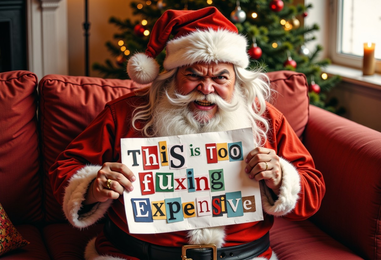 an angry looking Santa Claus, holding up a piece of paper with the text "this is too fluxing expensive", written in a playful, cut-out style, using various colored pieces of paper with different textures and patterns. sitting on a red sofa, in a christmas living room,day light, volumetric lighting, high resolution, 8K, colorful