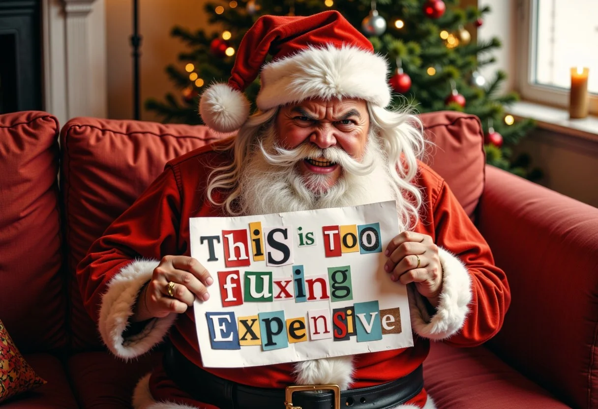 an angry looking Santa Claus, holding up a piece of paper with the text "this is too fluxing expensive", written in a playful, cut-out style, using various colored pieces of paper with different textures and patterns. sitting on a red sofa, in a christmas living room,day light, volumetric lighting, high resolution, 8K, colorful
