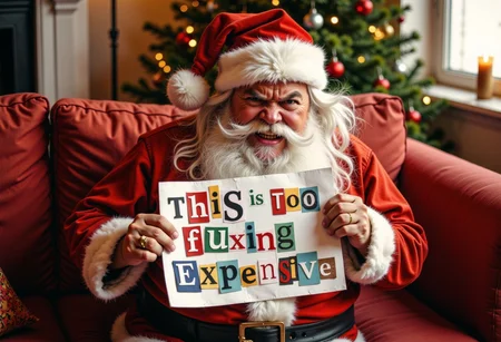 an angry looking Santa Claus, holding up a piece of paper with the text "this is too fluxing expensive", written in a playful, cut-out style, using various colored pieces of paper with different textures and patterns. sitting on a red sofa, in a christmas living room,day light, volumetric lighting, high resolution, 8K, colorful