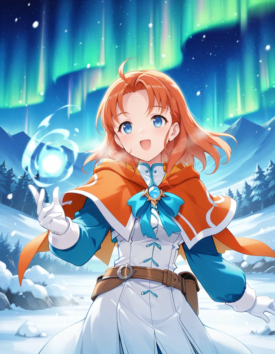 (fuj1w4r4), <lora:1_illu_fujiwara_warawara_v2_30e:1> ,, 1girl, annette_fantine_dominic (post timeskip), fire emblem, orange hair, blue eyes, medium hair, parted bangs, orange capelet, brooch, blue bow, white gloves, long gloves, white dress, blue sleeves, smile, open mouth, magic, fjord, snow, aurora, (masterpiece, best quality, amazing quality),