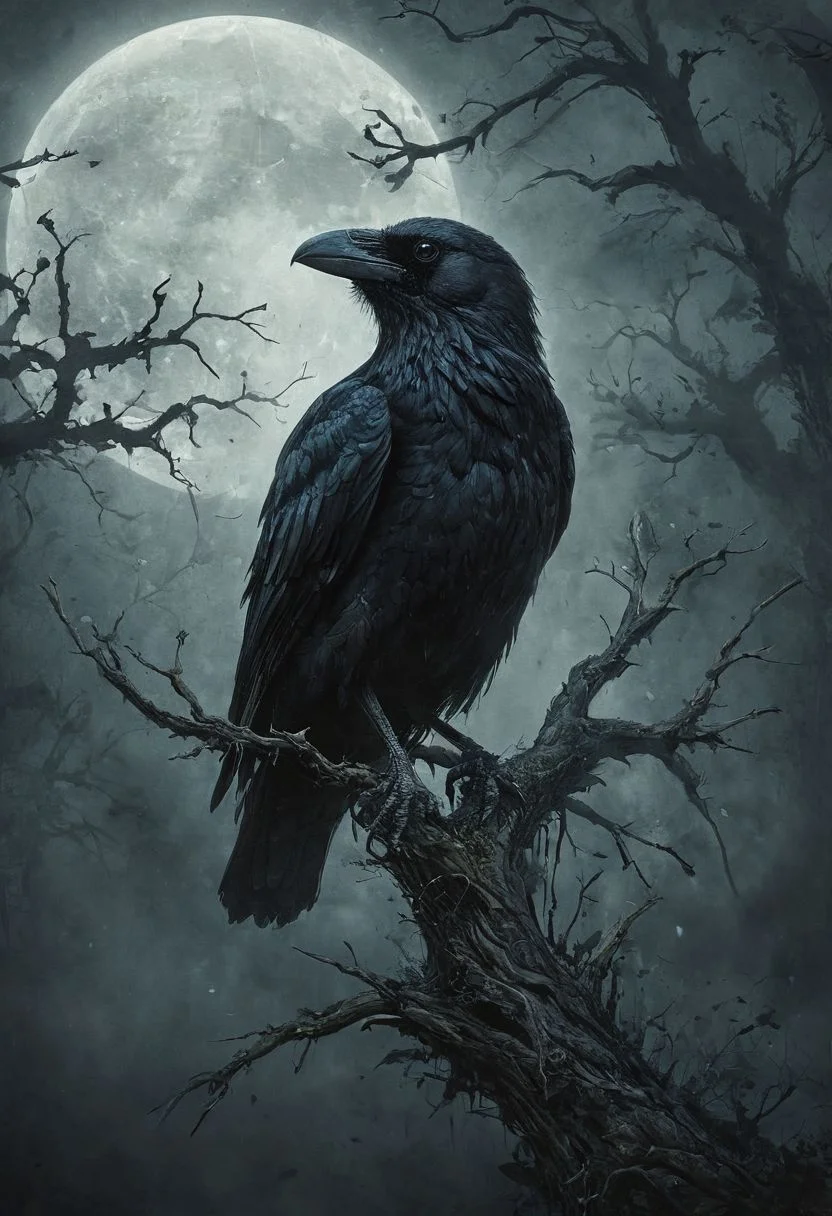 Subject Description: Subject: An ominous black raven, portrayed in a Gothic style, perched upon gnarled branches against a shadowy backdrop. Setting: Enveloped by an eerie mist and a crescent moon peeking through ominous clouds. 2. Art Style Description: Style: Dark horror-inspired artwork with hyperdetailed illustrations and a surrealistic twist. Atmosphere: Haunting and mysterious, filled with hidden details that evoke a sense of foreboding. 3. Color Palette: Color Scheme: Deep midnight blues and spectral silver tones, enhancing the ominous and ethereal atmosphere. 4. Artwork Specifications: Medium: Digital illustration blending surrealism, horror, and woodcut printmaking styles. Detail: Intricate portrayal of the black raven, gnarled branches, and eerie surroundings, rich in dark symbolism and atmospheric depth (Horror, blood, dark:1.5),( Movie Artwork, Cinematic:1.3)
award winning artwork,
many details, extreme detailed, full of details,
Wide range of colors., Dramatic,Dynamic,Cinematic,Sharp details
Insane quality. Insane resolution. Insane details. Masterpiece. 32k resolution.
<lora:add-detail-xl:0.85> <lora:sss:0.8>sss, translucent, subsurface scattering
<lora:Glowstick_SDXL:0.2> mad-glowstick
<lora:MJ52:0.35>
<lora:ral-pxlprtcl:0.35> ral-pxlprtcl
<lora:xl_more_art-full_v1:0.35>
<lora:zavy-cntrst-sdxl:0.5> dark, chiaroscuro, low-key