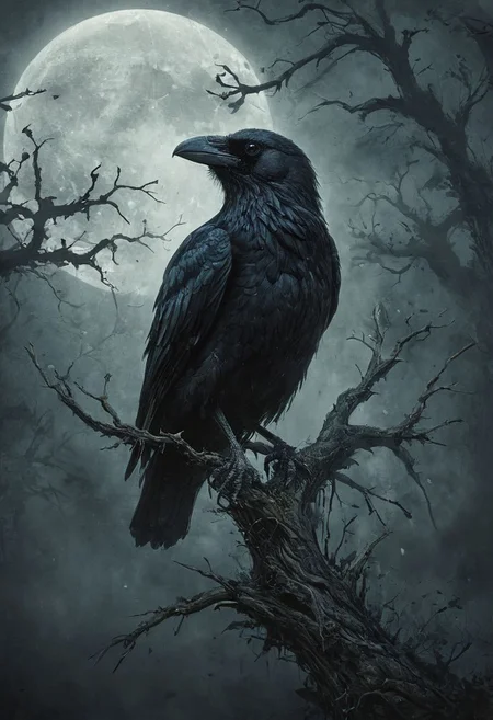 Subject Description: Subject: An ominous black raven, portrayed in a Gothic style, perched upon gnarled branches against a shadowy backdrop. Setting: Enveloped by an eerie mist and a crescent moon peeking through ominous clouds. 2. Art Style Description: Style: Dark horror-inspired artwork with hyperdetailed illustrations and a surrealistic twist. Atmosphere: Haunting and mysterious, filled with hidden details that evoke a sense of foreboding. 3. Color Palette: Color Scheme: Deep midnight blues and spectral silver tones, enhancing the ominous and ethereal atmosphere. 4. Artwork Specifications: Medium: Digital illustration blending surrealism, horror, and woodcut printmaking styles. Detail: Intricate portrayal of the black raven, gnarled branches, and eerie surroundings, rich in dark symbolism and atmospheric depth (Horror, blood, dark:1.5),( Movie Artwork, Cinematic:1.3)
award winning artwork,
many details, extreme detailed, full of details,
Wide range of colors., Dramatic,Dynamic,Cinematic,Sharp details
Insane quality. Insane resolution. Insane details. Masterpiece. 32k resolution.
<lora:add-detail-xl:0.85> <lora:sss:0.8>sss, translucent, subsurface scattering
<lora:Glowstick_SDXL:0.2> mad-glowstick
<lora:MJ52:0.35>
<lora:ral-pxlprtcl:0.35> ral-pxlprtcl
<lora:xl_more_art-full_v1:0.35>
<lora:zavy-cntrst-sdxl:0.5> dark, chiaroscuro, low-key