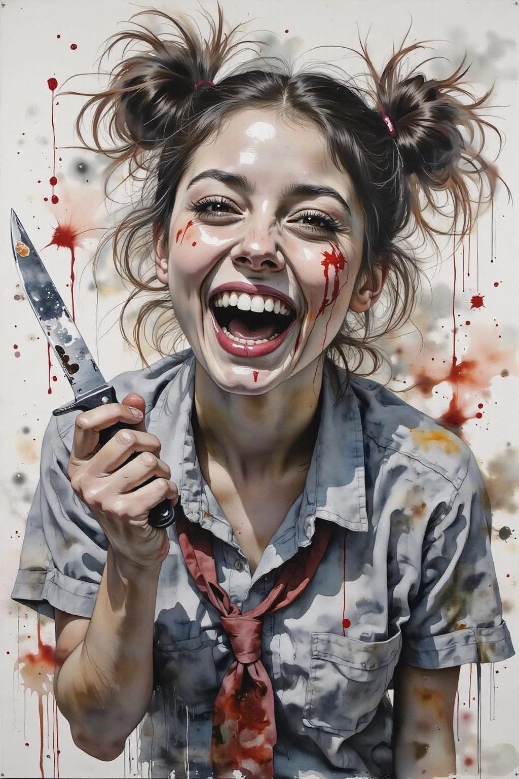 yawc1 watercolor. masterpiece, best quality, amazing quality, very aesthetic, absurdres, newest, scenery, 1girl, toga himiko, teeth, open mouth, blood on face, smile, double bun, crazy eyes, holding knife, hand on own cheek, upper body, school uniform backlighting, from above, dutch angle, , close-up, photorealistic, dutch angle, (colorful), from above, (((paint splatter))),fisheye, , masterpiece, best quality, amazing quality, very aesthetic, absurdres, newest, scenery, volumetric lighting <lora:yawcolor_nocap1_d4a2:1.0> <lora:Flux-Sch-SingleBlocks-BF16:1.0><lora:799517628541557093:0>