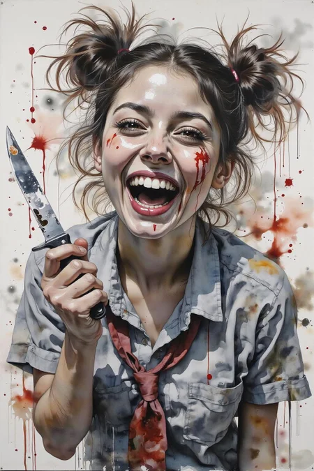 yawc1 watercolor. masterpiece, best quality, amazing quality, very aesthetic, absurdres, newest, scenery, 1girl, toga himiko, teeth, open mouth, blood on face, smile, double bun, crazy eyes, holding knife, hand on own cheek, upper body, school uniform backlighting, from above, dutch angle, , close-up, photorealistic, dutch angle, (colorful), from above, (((paint splatter))),fisheye, , masterpiece, best quality, amazing quality, very aesthetic, absurdres, newest, scenery, volumetric lighting <lora:yawcolor_nocap1_d4a2:1.0> <lora:Flux-Sch-SingleBlocks-BF16:1.0><lora:799517628541557093:0>