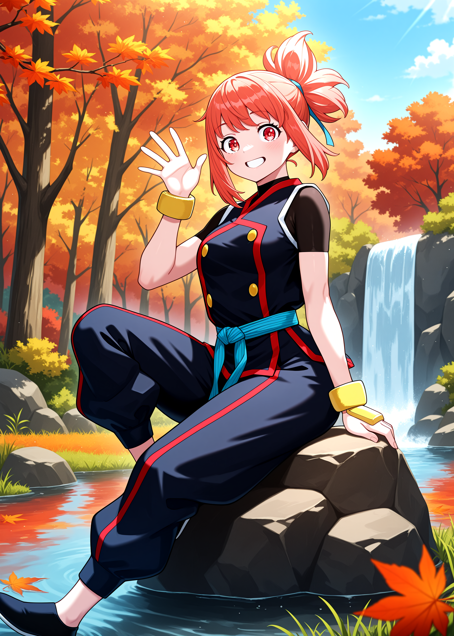 1girl, <lora:ktatara_sn90:1>, ktara, hair ribbon, blue ribbon, black uniform, short sleeves, blue sash, wrist guards, bodysuit under clothing, baggy pants, black flats, waving, full body view,
looking at viewer, smile, sitting on rock, waterfall,
outdoors, trees, grass, forest, autumn,
sunny, blue sky,
high resolution, ultra-detailed, absurdres, masterpiece, best quality, good quality, newest