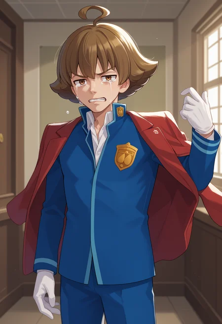 score_9, score_8_up, score_7_up, source_anime, <break> solo, male focus, 1boy, eustace w1nner, crying, clenched teeth, looking at you, standing, flipped hair, ahoge, tears, school uniform, red jacket, jacket on shoulders, blue jacket, badge, long sleeves, white shirt, white gloves, blue pants, indoors
<segment:yolo-face_yolov8m.pt,0.4,0.5//cid=1>