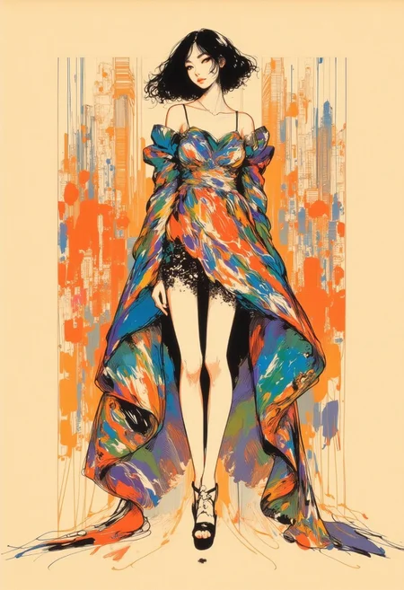 inksketch, A slender, long-legged Japanese woman adopts an unusual, eccentric pose reminiscent of the iconic poses of characters from Hirohiko Araki famous manga JoJo's Bizarre Adventure. Her pose demonstrates the model's boldness and confidence, exaggerated angles and dynamic artistic taste. The image conveys the model's elegance and uniqueness by combining fashion and anime aesthetics, making it both vibrant and avant-garde.The beige background is filled with a holographic grid of patterned figures, drawn in warm colors, with an autumnal atmosphere