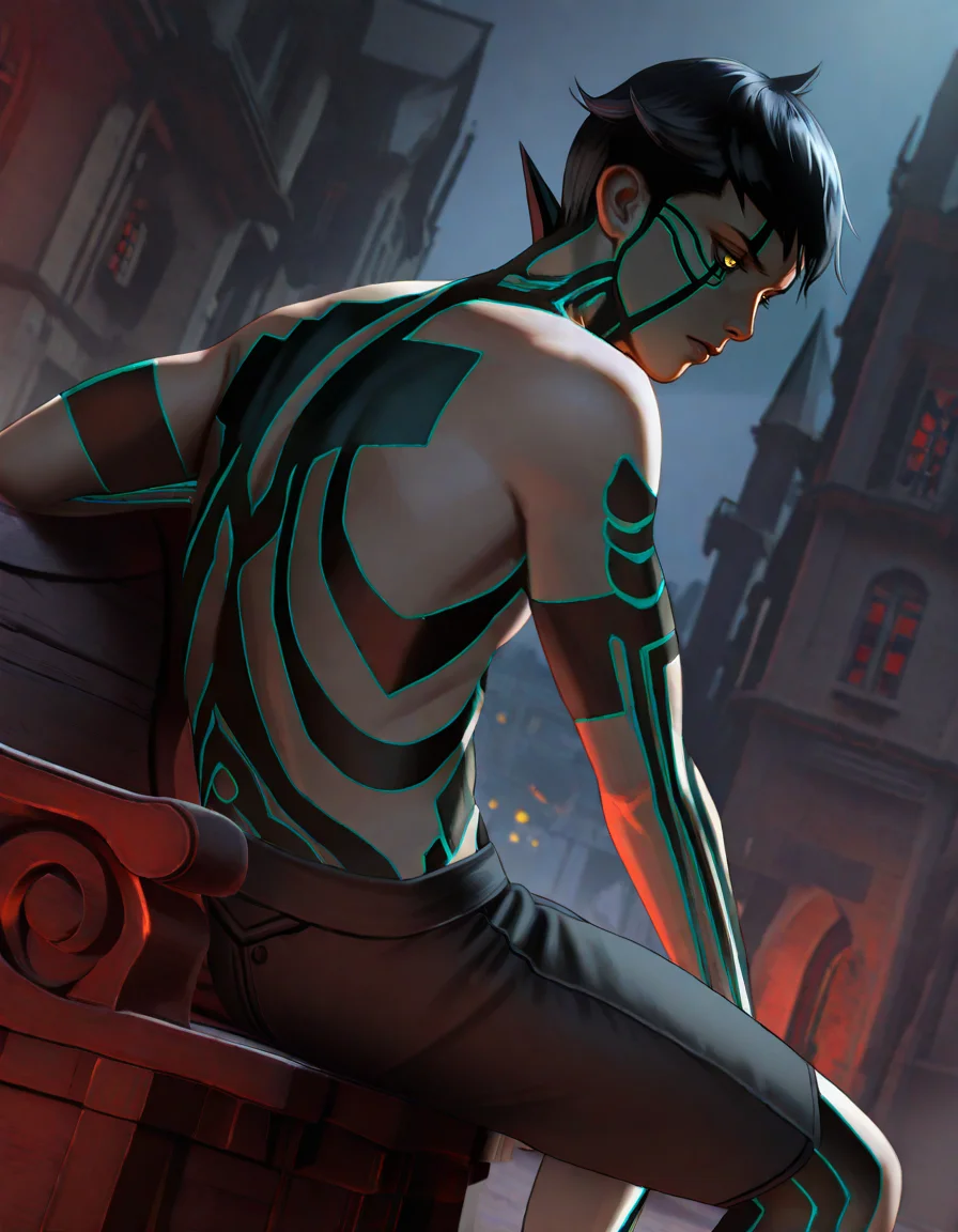 Masterpiece, hires, realistic, detailed face and eyes, ultra quality, cel-shaded, sharp lines, dry shading, Beautiful background, houses, street city, <lora:Shin_Megami_Tensei_III_Demi-Fiend:1> 1boy , solo, demi-fiend, dynamic pose, walking, fury, dutch angle, yellow eye, night, darkness, inde temple, neon ancient writings, sitting on throne