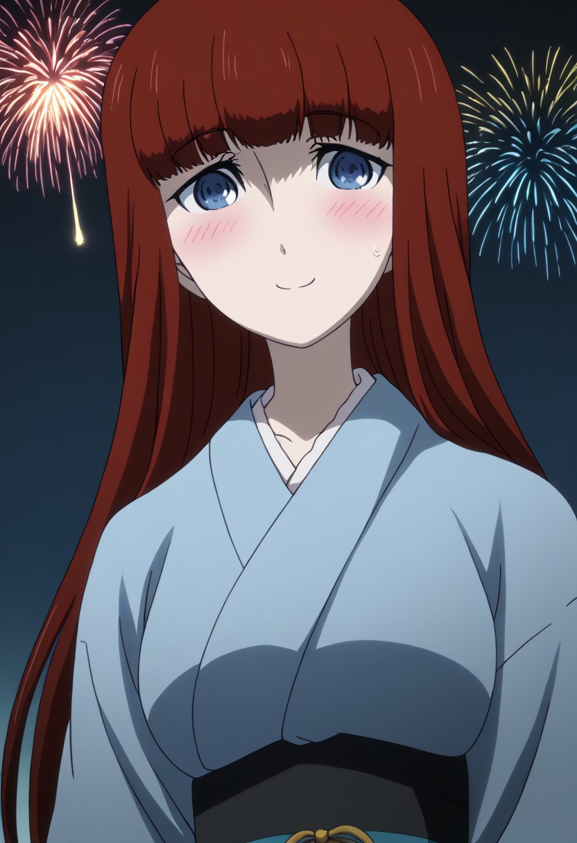 rating_safe, Ultra-high-detailed Anime illustration of Kagari Shiina from Anime Steins;Gate 0. 
The artwork features Kagari in a solo, standing position with a outdoors, flield, and night background. night time. night. stars.
She is depicted with intricate details showcasing her large breasts, natural_breasts. She is a white skinned, 22 years old woman. Kagari is looking_at_viewer with perfect_eyes, Her pupils are highly detailed. The eyes are open. blue eyes. Kagari's eyes are highlighted. Highlighted eyevrows. 
She has long hair, red colored hair, styled in blunt bangs and floating hair.
She is wearing a blue kimono and black shoes. japanese kimono, kimono.
The artistic style is intricate_details_xl with a focus on Anime art. The color palette emphasizes red and black with detailed strokes to bring out the character's features. The lighting creates dramatic shadows and highlights, adding depth to the artwork. The perspective is from a face focus, dutch angle to enhance the impact of the character's expression. This masterpiece is a true portrayal of Kagari's complex personality and will captivate any fan of Kagari. uncensored, upper body, blushing, smile, Kagari Shiina,
perfecteyes,
<lora:Steins_Gate:1>
kimono
happy new year!, Happy New Year fireworks, Happy New Years, golden colored fireworks