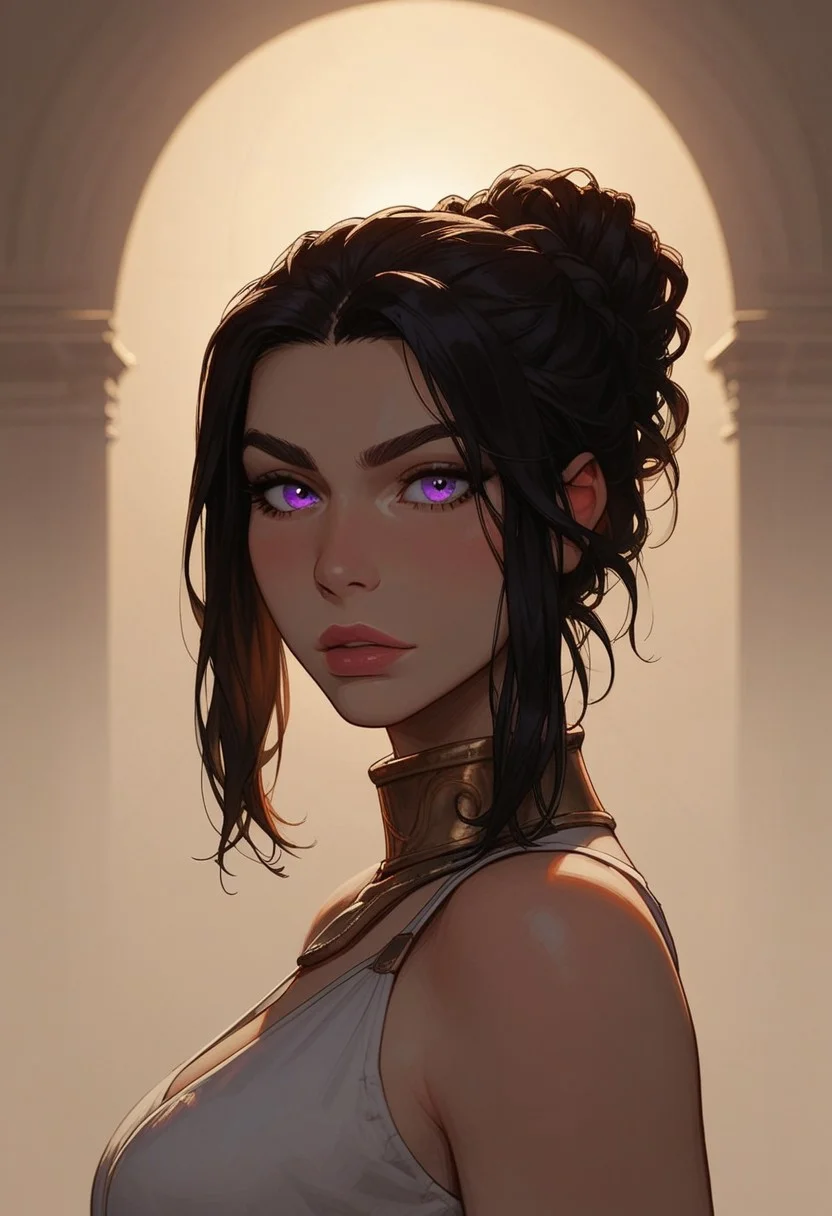 (score_9, score_8_up, score_7_up). ( line work, excellent drawing, highest quality, extremely detailed:1.2). 1woman, milf, Greek Goddess Nemesis, villain, perfect face, beautiful violet eyes, dark hair, red streaks, long lashes, split eyebrow, glossy lips, seductive expression, femdom, dynamic angle, side view, ancient greek dress, g0thicPXL, romantic, cinematic lighting, volumetric lighting, source_cartoon, statuesque,
