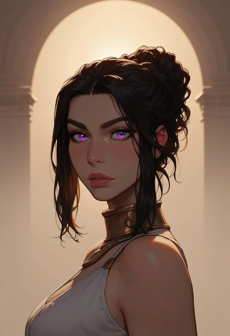 (score_9, score_8_up, score_7_up). ( line work, excellent drawing, highest quality, extremely detailed:1.2). 1woman, milf, Greek Goddess Nemesis, villain, perfect face, beautiful violet eyes, dark hair, red streaks, long lashes, split eyebrow, glossy lips, seductive expression, femdom, dynamic angle, side view, ancient greek dress, g0thicPXL, romantic, cinematic lighting, volumetric lighting, source_cartoon, statuesque,