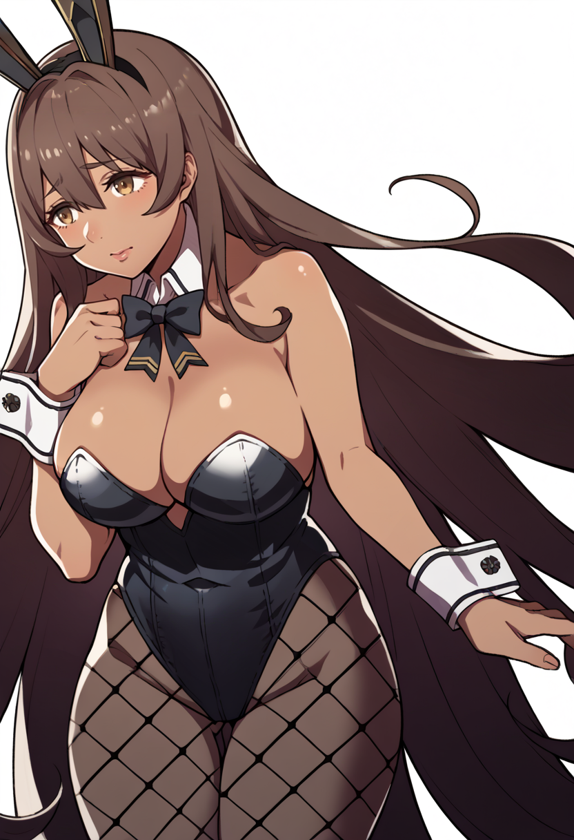 score_9, score_8_up, score_7_up, source_anime BREAK, 1girl, solo,
<lora:zs_FatesPortraitsXL:1> fatesportraits, portraits, white background
 <lora:noir-nikke-richy-v1_pdxl:1> noirdef, brown hair, very long hair, fake animal ears, playboy bunny, detached collar, bowtie, black leotard, cleavage, fishnet pantyhose, wrist cuffs, dark skin, large breasts