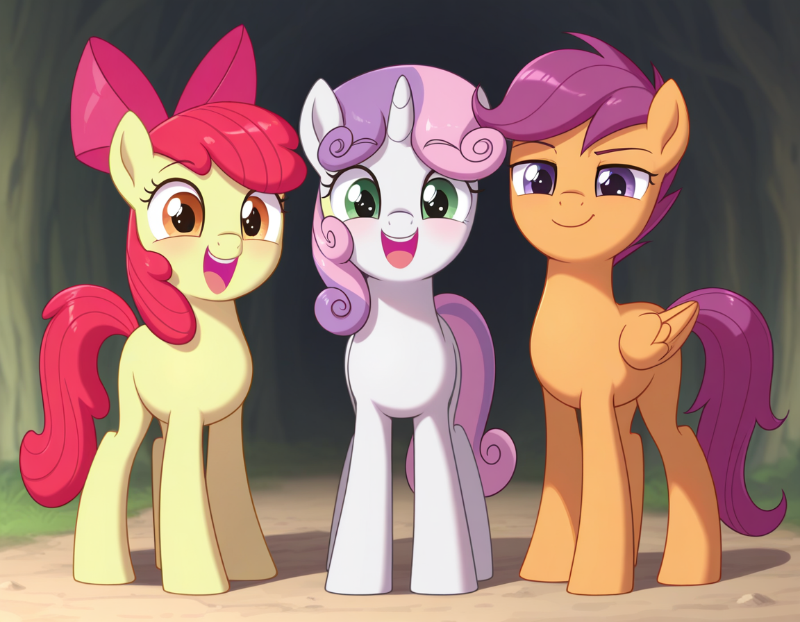 resolution, masterpiece, high resolution, (trio: 1.2) my little pony, friendship is magic, wild, 
detailed background, standing in a clearing looking at the viewer, happy, cheerful, one in the middle, one on the left, one on the right  ADDCOMM
    <lora:Cutie_Mark_Crusaders:1> in the middle  pony apple bloom, yellow body, red hair, bow on head, light orange eyes BREAK 
       pony sweetie belle   white body, green eyes, , two-color mane and tail   left BREAK 
pony scootaloo, Orange body, purple eyes, purple mane and tail,  on the right (pegasus:1.2) BREAK