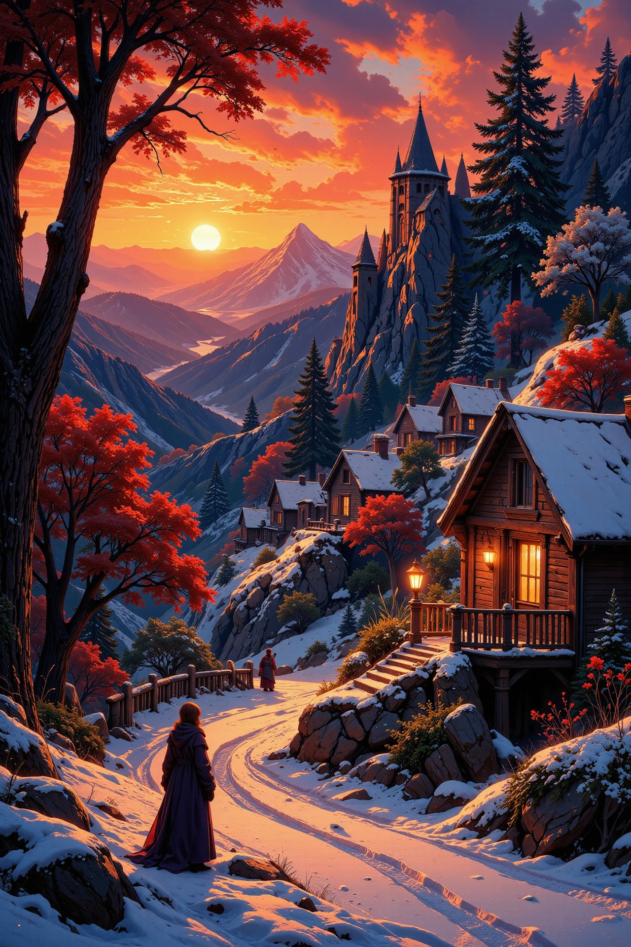 a village at christmas beautiful  landscape, sunset, woman, very intricate, very detailed, sharp, bright, colorful, <lora:Hand v2:0.5> <lora:Anti-Blur:1><lora:Insane Detail Slider:0.25>  <lora:flux.1_lora_flyway_Epic-detail_v2:0.3> <lora:fluxenhancer:0.25>  <lora:Anime art - Variant 1:1>