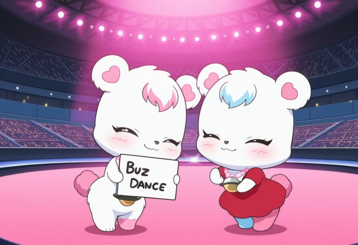 best quality, masterpiece, smirks, Full Body, Romantic, Small Body, Furry, looking_pleasured, labrajp, chibi, feral, multicolored hair, pink tail, tufted fur, furry, one pink leg, necklace, bear, red dress, spot light, holding sign, writing " Text buzz dance", on stage, music stadium, dancing on stage, (((adorable pose))), cuteness, smile at view