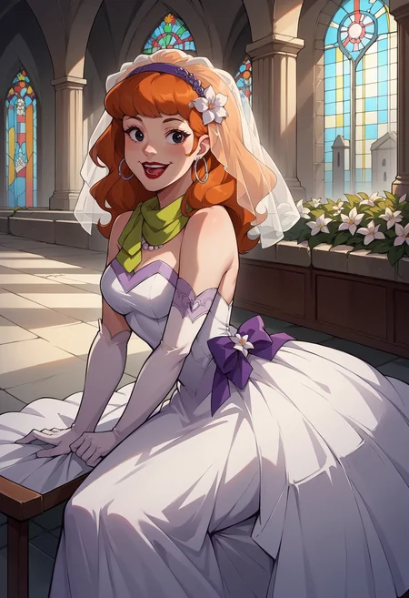 score_9, score_8_up,score_7_up, source_anime,1girl, solo,<lora:EPsbdDaphne:1>, EPsbdDaphne, orange hair, long hair, black eyes, purple hairband, green scarf,
hoop earrings, red lips, bride, wedding dress, bridal veil, white dress, hair ornament, white flower, pearl necklace, indoors, church, pillar, bush, sitting, from side, arm support, elbow gloves, white gloves, long dress, jewelry, arch, smile, open mouth