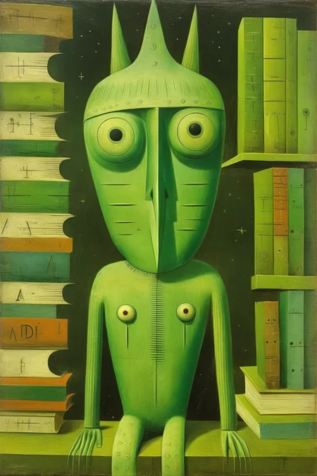 <lora:Victor Brauner Style:1>Victor Brauner Style - fantastic Midlibrary Guardian by Victor Brauner. Acid green hues