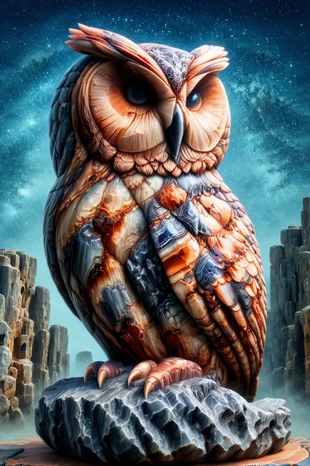 hyper realistic, a giant owl with celestial patterns on its feathers, perched on an ancient stone monument under a starry night sky, mystical and serene atmosphere, soft moonlight
,<lora:PetrifiedWood_SDXL:01.85> Petrified Wood
<lora:aidma-Image Upgrader-v0.1:0.45> max details,