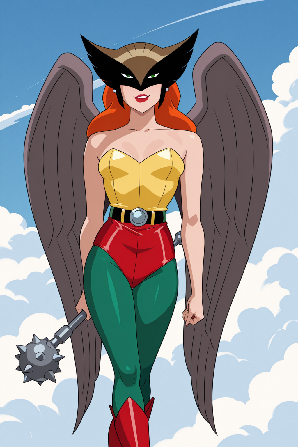 ((parody, retro artstyle), perfect anatomy, perfect eyes) BREAK <lora:HawkgirlIL:1> shayera hol, wings, long hair, orange hair, lipstick, naughty eyes, sultry face, ((looking at viewer)), mask, bare shoulders, yellow leotard, leotard, belt, red leotard, green pantyhose, boots, teasing viewer, showing off body, 1hand, holding weapon, mace, flying, sky, clouds, outdoors