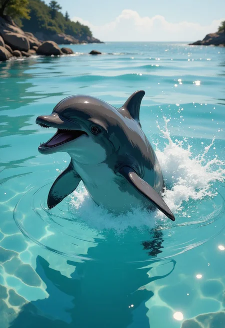 "Playful dolphin calf leaping out of crystal-clear turquoise water, its smile reflecting pure joy, distant coral reef and shimmering ocean waves, cinematic wide-angle shot, ultrareal, bright midday sunlight"
, aidmafluxpro1.1, aidmaimageupgrader, aidmaHyperrealism