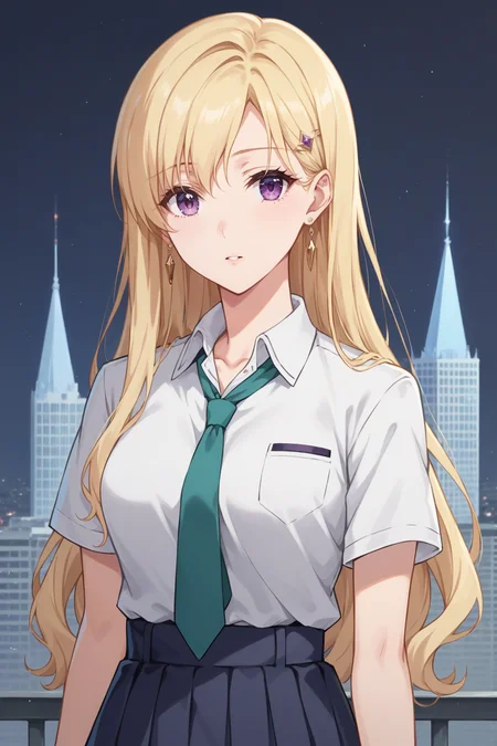 score_9, score_8_up, score_7_up, 1girl, prefect lighting, very aesthetic, intricate details, highly detailed background, masterpiece, high quality, prefect hands, best quality, solo, source_anime,
<lora:Saki_Ayase_Days_with_My_Stepsister_V2:.85>, KJOsaki, blonde hair, purple eyes, long hair, hair ornament, earrings,
school uniform, jacket tied around waist, loose collared shirt, green tie, black pleated skirt, kneehighs, short sleeves,
expressionless, looking at viewer, parted lips, head tilt, blush,
rooftop, night sky, city,
(Beautiful, medium Breasts:1.2), natural breasts,