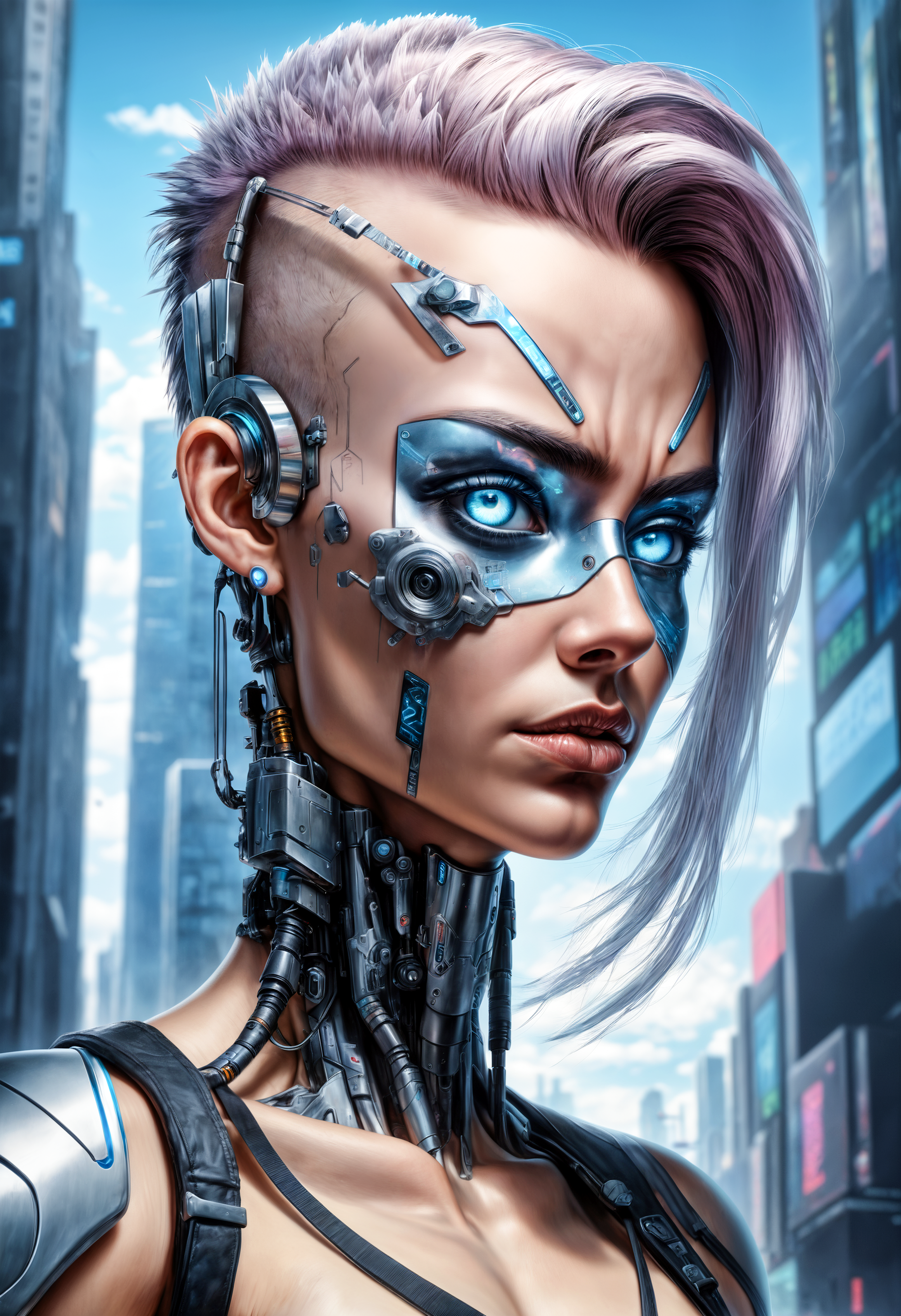 hyperrealistic glamour portrait of cybernetic mutant in cyberpunk city, extreme details, looking at viewer,