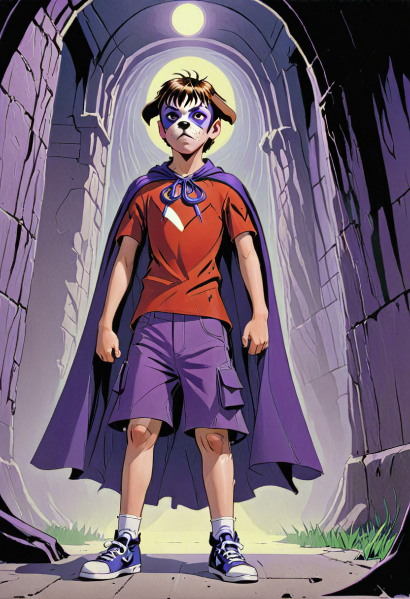 <lora:DogboyXL:.9> A 14-year-old Dogboy in his purple cape by Alex Ross