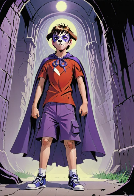 <lora:DogboyXL:.9> A 14-year-old Dogboy in his purple cape by Alex Ross