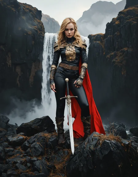 By Phandigrams. A photo-realistic shoot from a frontal camera angle about a woman standing confidently in a dramatic landscape with a waterfall in the background. the image also shows dramatic lighting and a dramatic atmosphere. on the middle of the image, a woman, who appears to be in her mid-twenties, with long, wavy blonde hair, is standing with her full body facing the viewer. she is wearing a black leather outfit with a red cape, and she is holding a sword in her right hand. the woman has a serious expression and is looking directly at the viewer, with her eyes directed upwards. her body is slim and her hair is styled in a long hair style. she has a black outfit with red accents, and her facial features are not visible. the background features a dramatic waterfall cascading down a rocky cliff, surrounded by dark, mountainous cliffs with a cloudy sky above.