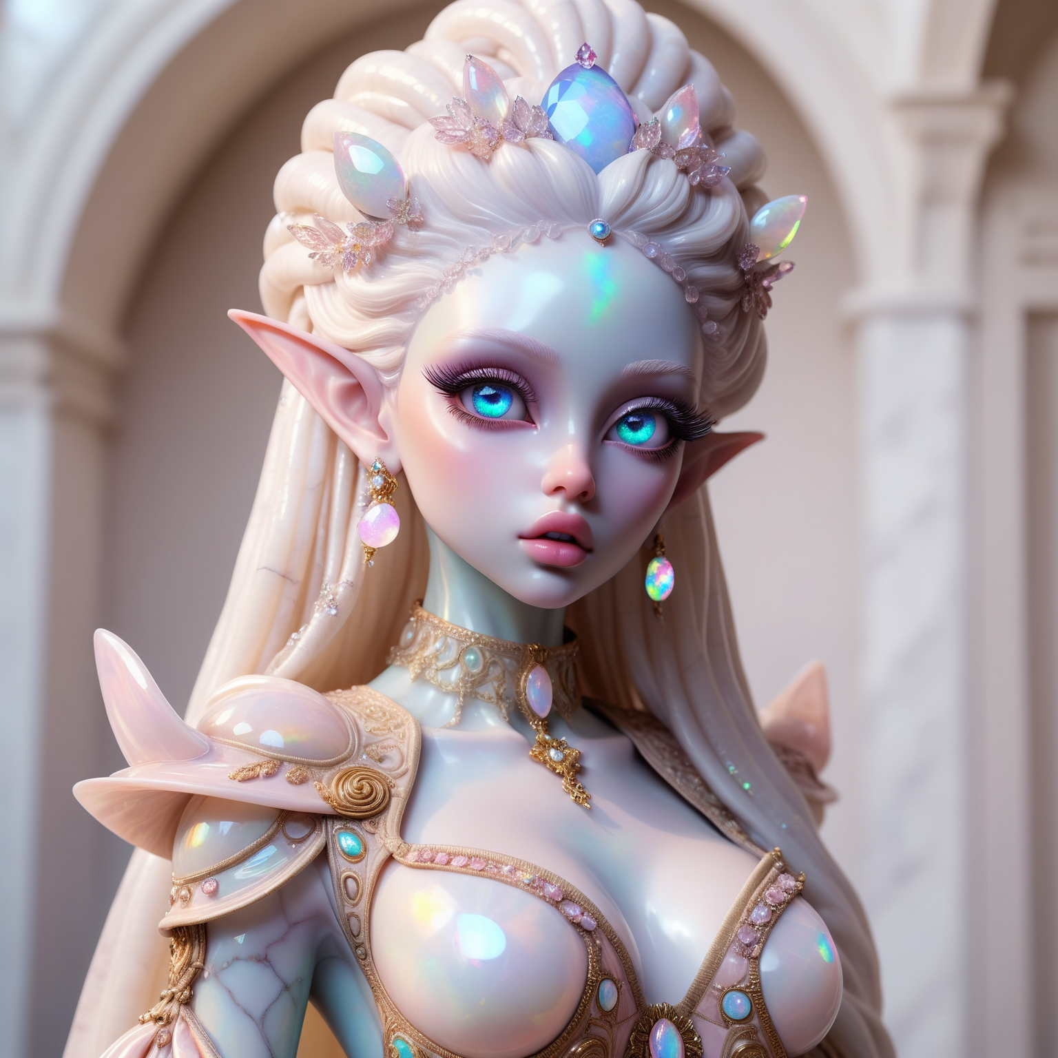 <lora:DMarbleStone:0.8>  full body shot of beautiful opal stone elf girl with big detailed eyes and huge lips , opal stone quartz marble skin , gem , (((light opal iridescent stone skin))) , colored skin ,fashion photography of alien with 18th royal queen, marie antoinette, versailles, hyperrealistic, attention to face , fine-grained details, bright colors, photorealistic, bright lights, luminescent, illuminated, white background , versace ,rococo ,8k, extreme detailed , colorful , highest detailed