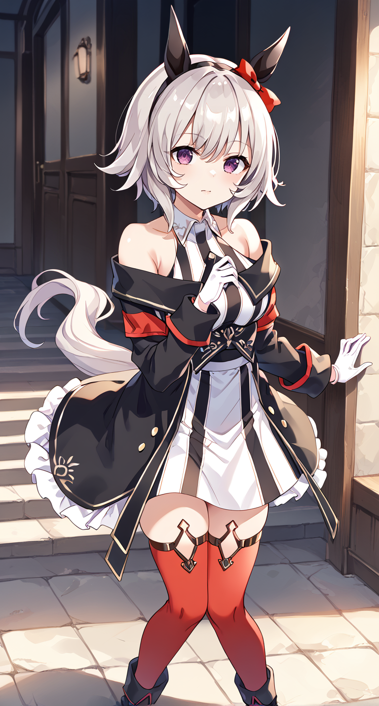 score_9,score_8_up,score_7_up,
official art,official style,game cg,megami magazine,
uncensored,
1girl,
crc race, curren chan (umamusume),
animal ears, bare shoulders, black coat, coat, gloves,
highres, horse ears, horse girl, horse tail, long sleeves,
off-shoulder coat, off shoulder, red legwear, short hair,
tail, white gloves, blush, ear covers, grey hair, hair between eyes,
red thighhighs, striped, thighhighs, violet eyes, black dress, boots, dress,
thigh-highs, ear ribbon, red ribbon, ribbon, white hair, black hairband,
bow, ear bow, hairband, red bow, off-shoulder dress, purple eyes,
striped clothes, striped dress, white dress, bangs, black jacket,
eyebrows visible through hair, jacket, vertical-striped dress, vertical stripes,
silver hair, collared dress, off-shoulder jacket, sleeveless, sleeveless dress,
standing,
<lora:umamusume_curren_chan_pony_v1.1:1>,