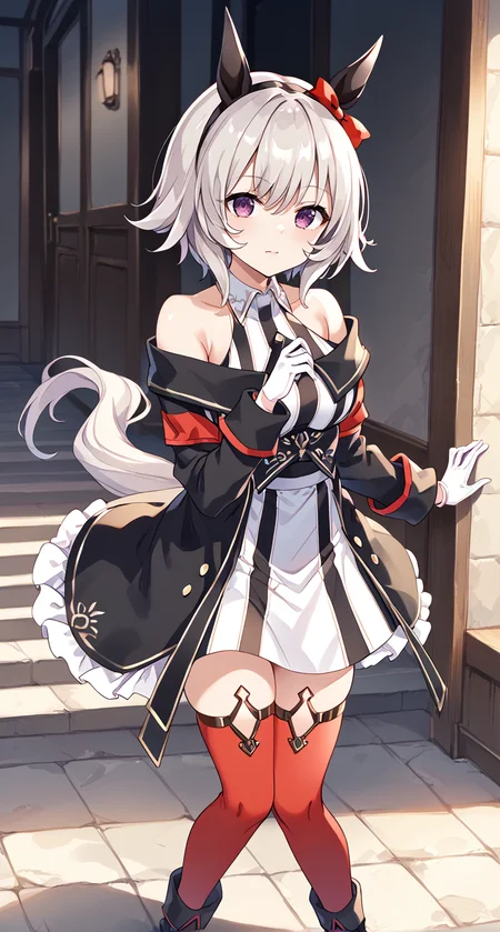score_9,score_8_up,score_7_up,
official art,official style,game cg,megami magazine,
uncensored,
1girl,
crc race, curren chan (umamusume),
animal ears, bare shoulders, black coat, coat, gloves,
highres, horse ears, horse girl, horse tail, long sleeves,
off-shoulder coat, off shoulder, red legwear, short hair,
tail, white gloves, blush, ear covers, grey hair, hair between eyes,
red thighhighs, striped, thighhighs, violet eyes, black dress, boots, dress,
thigh-highs, ear ribbon, red ribbon, ribbon, white hair, black hairband,
bow, ear bow, hairband, red bow, off-shoulder dress, purple eyes,
striped clothes, striped dress, white dress, bangs, black jacket,
eyebrows visible through hair, jacket, vertical-striped dress, vertical stripes,
silver hair, collared dress, off-shoulder jacket, sleeveless, sleeveless dress,
standing,
<lora:umamusume_curren_chan_pony_v1.1:1>,