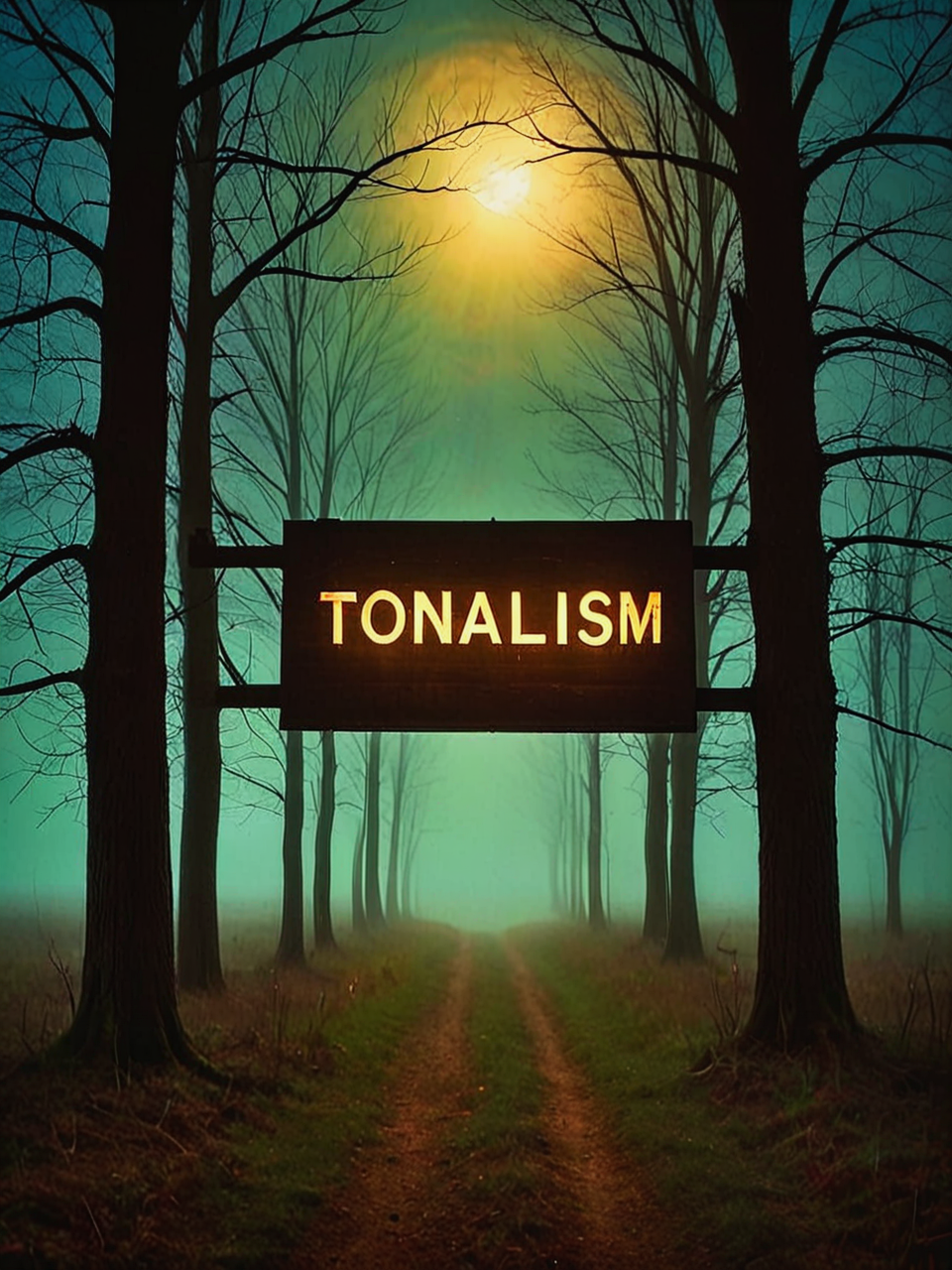 Art. A large rustic glowing country sign displaying the text: "Tonalism".

Atmospheric. Night.

<lora:Tonalism01b_CE_XL_300-OT:0.6> tnlsmCE_style