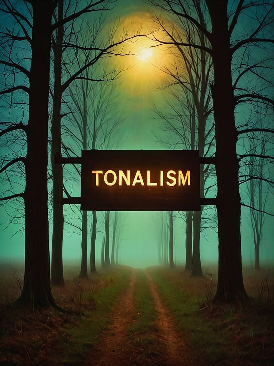 Art. A large rustic glowing country sign displaying the text: "Tonalism".

Atmospheric. Night.

<lora:Tonalism01b_CE_XL_300-OT:0.6> tnlsmCE_style