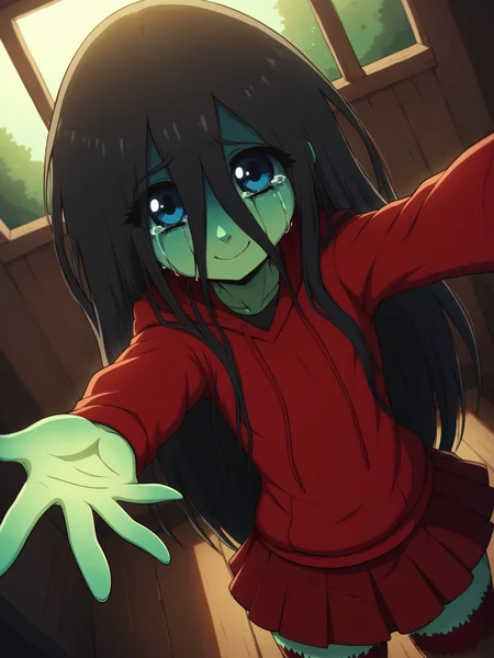 core_9, score_8, score_7,1girl,samarawaifu, skirt,stockings, green skin, red hoodies, blue eyes, look at viewer,black hair,very long hair, dynamic angle, ball,closed mouth, hut in the forest, night sky, horror \(theme\), color guide, crying, crying with eyes open, foreshortening, outstretched arms, outstretched hand, reaching, reaching out, selfie, smile, solo, <lora:add-detail-xl:1>, <lora:HandFixer_pdxl_Incrs_v1:0.5>, <lora:Samara_character:1>