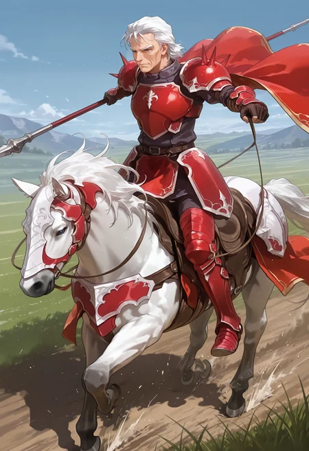 masterpiece,extreme detailed,SmoothNoob_Quality,day,outdoors,field,full body BREAK jagen_(fe),1boy,white hair,blue eyes,old man,red armor,cape,spikes,<lora:jagen_(fe)-IL:1>,holding polearm,<lora:NOOB_vp1_detailer_by_volnovik_v1:1>,Cavalier,white horse,horseback riding,<lora:cavaliar-IL:1>,