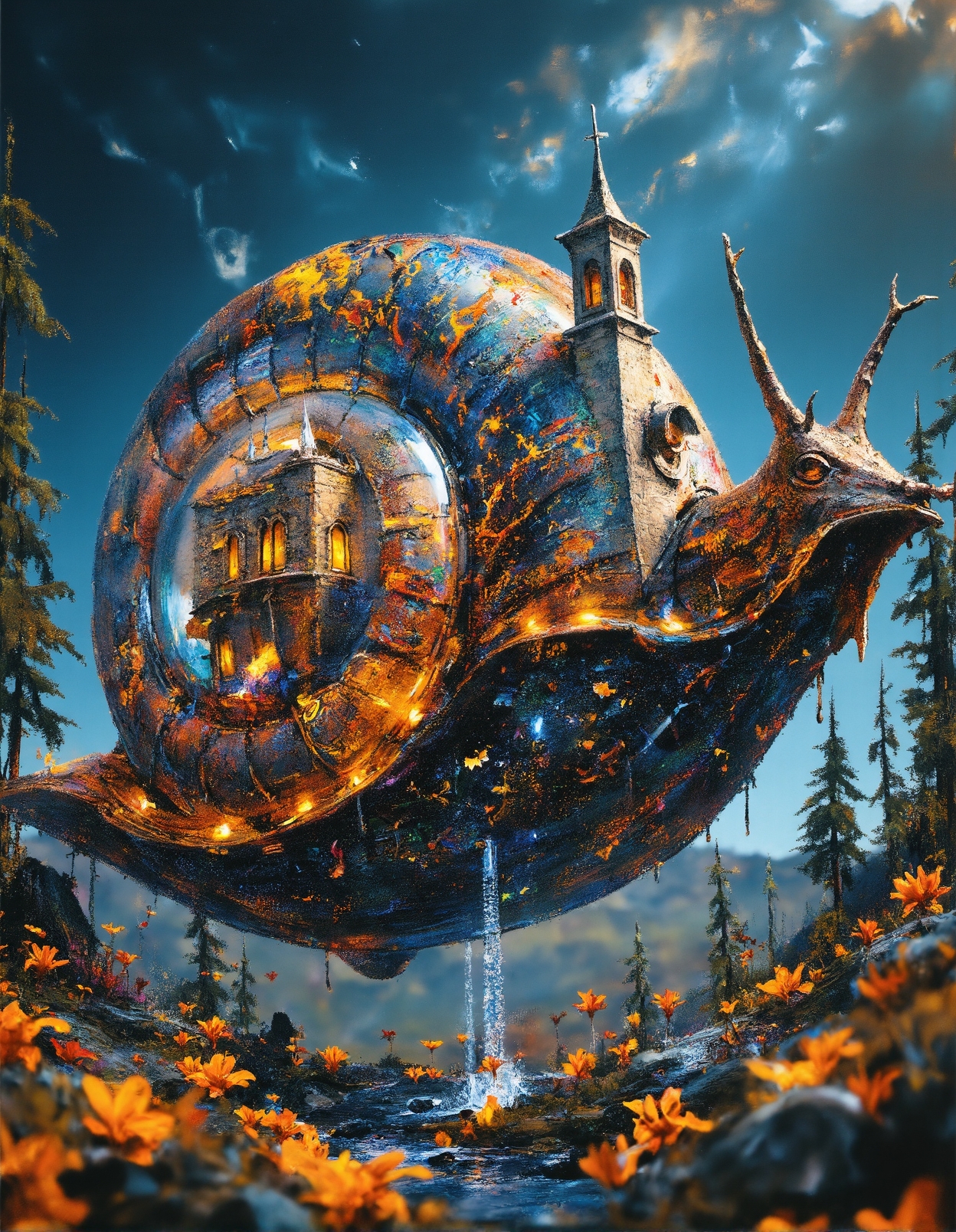 A surreal fantasy realm where a massive, mystical snail carries an entire fairytale kingdom on its spiraled, glass-like shell, encapsulating a golden-lit castle nestled within a celestial dome. The castle’s elegant towers are adorned with glowing windows, delicate stone arches, and intricate gothic spires, surrounded by lush, iridescent floral growths in hues of deep blue, orange, and gold. The snail’s shell is an exquisite work of art, its deep cosmic blues and swirling galaxies merging seamlessly with celestial engravings and delicate golden filigree. The snail glides gracefully through an enchanted landscape of softly illuminated flowers and towering pine trees that dissolve into a starry sky, as glowing particles float weightlessly around, enhancing the magical atmosphere. This mesmerizing scene feels like a timeless fairytale unfolding within the infinite expanse of a dreamlike cosmos.
 <lora:aidmaHyperrealism-FLUX-v0.3:0.6> <lora:FluxDFaeTasticDetails:0.25> <lora:fechin-FLUX:0.75>
