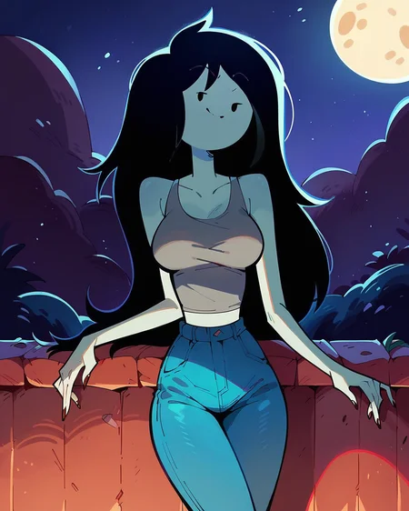 score_9, score_8_up, score_7_up, 1girl, solo, Marceline, Marceline abadeer, grey skin, happy, closed mouth, gray tank top, jeans, pinup, looking at viewer, outdoors, night, moon, <lora:Marceline_PDXL:1>