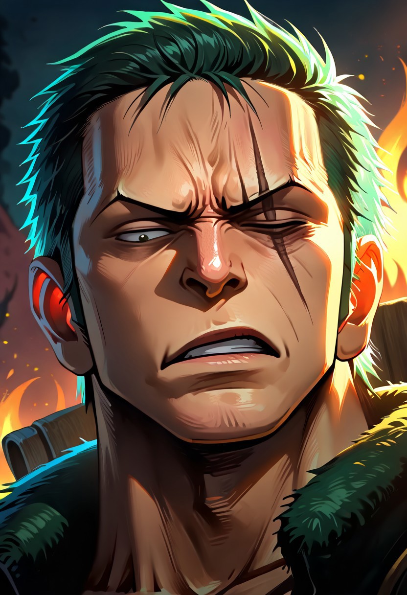 masterpiece, best quality, newest, absurdres, highres, Warbringersstyle-V1.0, male focus, 1boy, Zoro /(one piece/), green hair, one closed eye, one eye open, scar over eye,