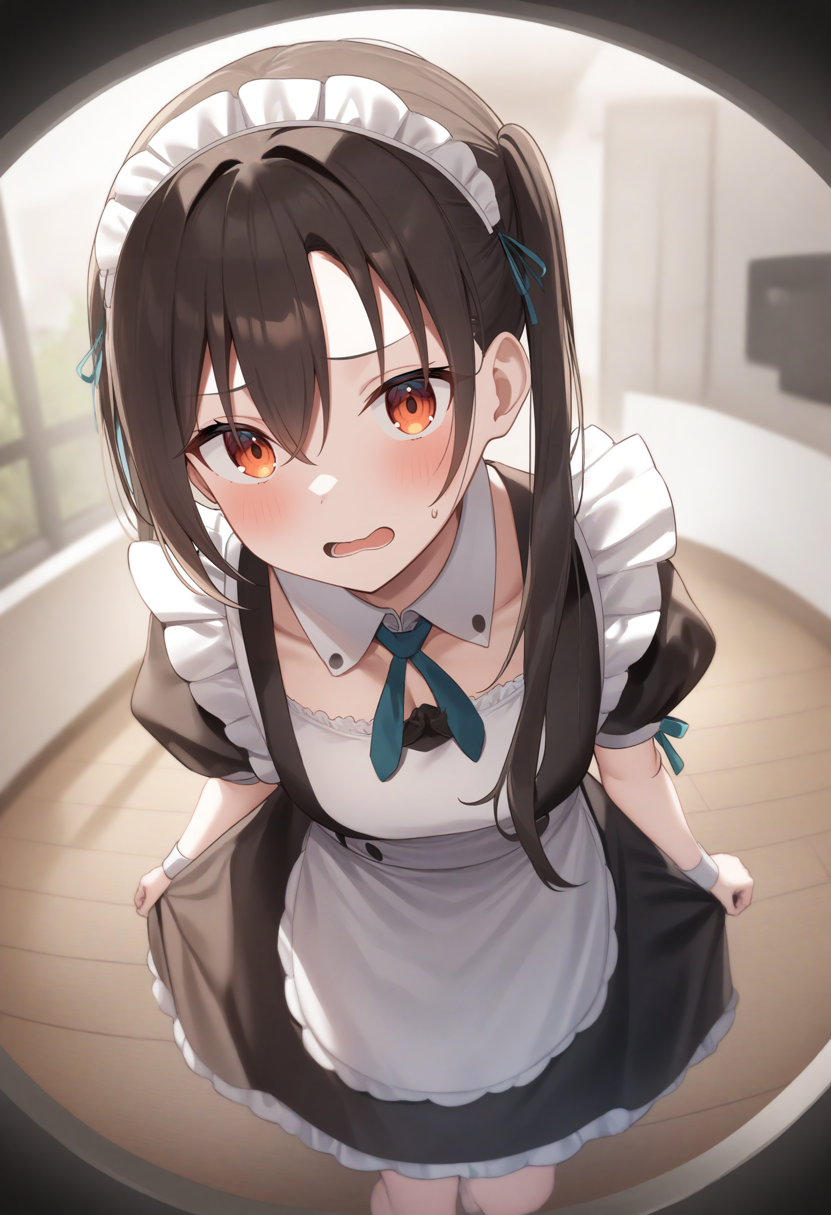1girl,sincos, ningen mame, toosaka asagi,solo,medium breasts,20yo,maid,maid headdress,
peephole,fisheye lens,<lora:peephole_XL_v1:0.8>
dutch angle, feet out of frame, looking back, brown hair, orange eyes,embarrassed, roads in the hill, open mouth, disheveled hair,,
best quality, very aesthetic, absurdres