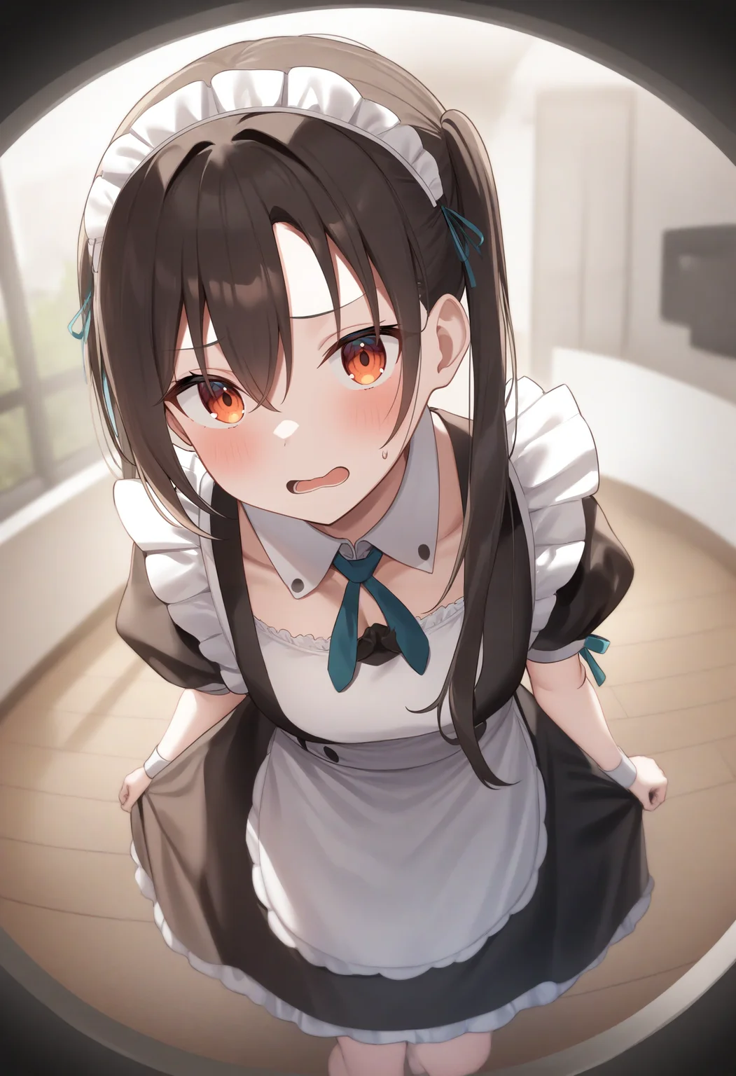 1girl,sincos, ningen mame, toosaka asagi,solo,medium breasts,20yo,maid,maid headdress,
peephole,fisheye lens,<lora:peephole_XL_v1:0.8>
dutch angle, feet out of frame, looking back, brown hair, orange eyes,embarrassed, roads in the hill, open mouth, disheveled hair,,
best quality, very aesthetic, absurdres