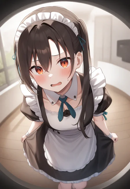 1girl,sincos, ningen mame, toosaka asagi,solo,medium breasts,20yo,maid,maid headdress,
peephole,fisheye lens,<lora:peephole_XL_v1:0.8>
dutch angle, feet out of frame, looking back, brown hair, orange eyes,embarrassed, roads in the hill, open mouth, disheveled hair,,
best quality, very aesthetic, absurdres