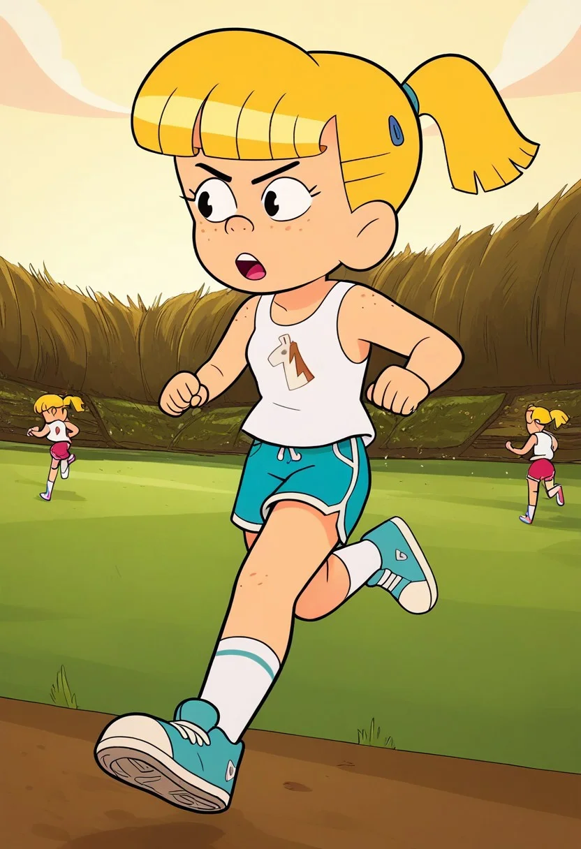 score_8, score_8_up, score_7_up, score_6_up, source_cartoon, BREAK, 1girl, solo, female focus, Mackenzie_cotc, blonde hair, freckles, ponytail, tanktop, shorts, shoes, athletics field, running,