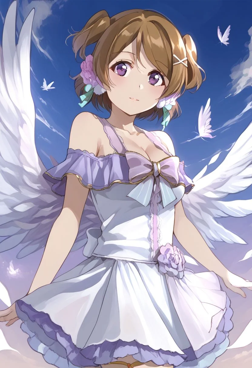 koizumi hanayo, whiteday, two side up, short hair, purple eyes, brown hair, white dress, bare shoulders, cleavage, angel wings, flower, ribbon, bow, 1girl, solo, score_9, source_anime