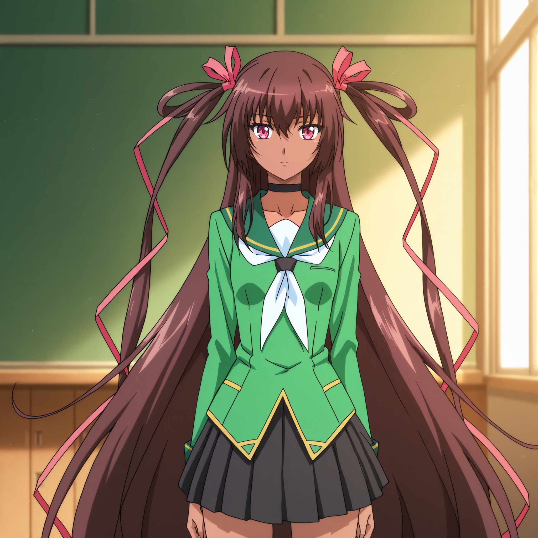 mizuki_yukikaze/(h-anime/), 1girl, brown hair, long hair, very long hair, twintails, hair ribbon, ribbon, pink eyes, small breasts, dark-skinned_female, choker, school_uniform/(ty/), green school_uniform, black skirt