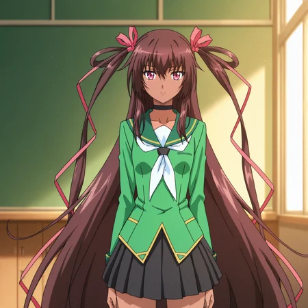 mizuki_yukikaze/(h-anime/), 1girl, brown hair, long hair, very long hair, twintails, hair ribbon, ribbon, pink eyes, small breasts, dark-skinned_female, choker, school_uniform/(ty/), green school_uniform, black skirt