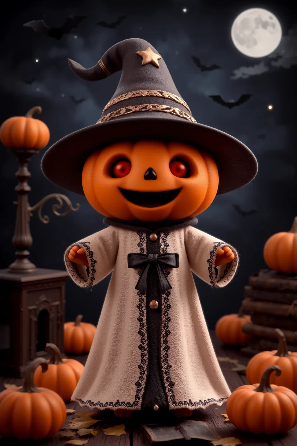 (pretty beautiful cute little pumpkin), (Halloween pumpkins, jack-o-lantern), halloween night, horror, (bats), moon in the sky, portrait, (standing:1.2),  happy smiling, red eyes,(very detailed), best quality,  sharp focus, old magic books,  Ivory enchanted sorcerer's robe, halloween_atmosphere, halloween_backgrounds, halloween_creatures, halloween_props_decorations, halloween_styles, halloween_weather, halloween_lighting, ethereal lights, backlight, shadows, high contrast, hdr, <lora:Anti-Blur:0.8> <lora:Hand v2:0.8> Detailed hand, Hand, Perfect hand <lora:PinkieChibiHalloweenFLUX:0.8> pinkchibihalloween <lora:aidmaImageUpgrader:0.8> aidmaimageupgrader