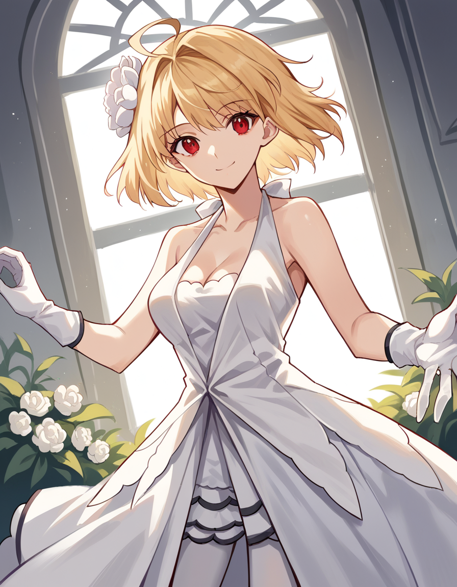 score_9, score_8_up, score_7_up, source_anime, <lora:arcueid-brunestud-10th-anniversary-ponyxl-lora-nochekaiser:1>, arcueid brunestud, blonde hair, red eyes, short hair, ahoge, hair intakes,, medium breasts, hair ornament, gloves, dress, cleavage, bare shoulders, flower, pantyhose, white gloves, hair flower, white dress,, indoors, smile, looking at viewer, solo,, cowboy shot, dutch angle