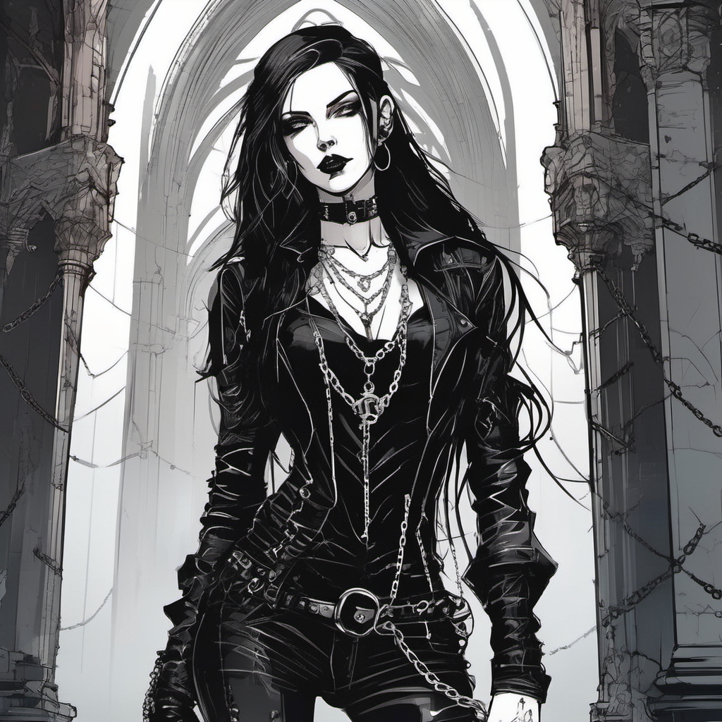 inkpunk style illustration of a beautiful woman wearing black leather and chains, black long hair, gothic, alluring, standing in a cathedral, <lora:IPXL_v2:0.5>