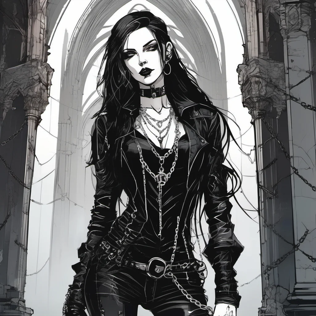 inkpunk style illustration of a beautiful woman wearing black leather and chains, black long hair, gothic, alluring, standing in a cathedral, <lora:IPXL_v2:0.5>